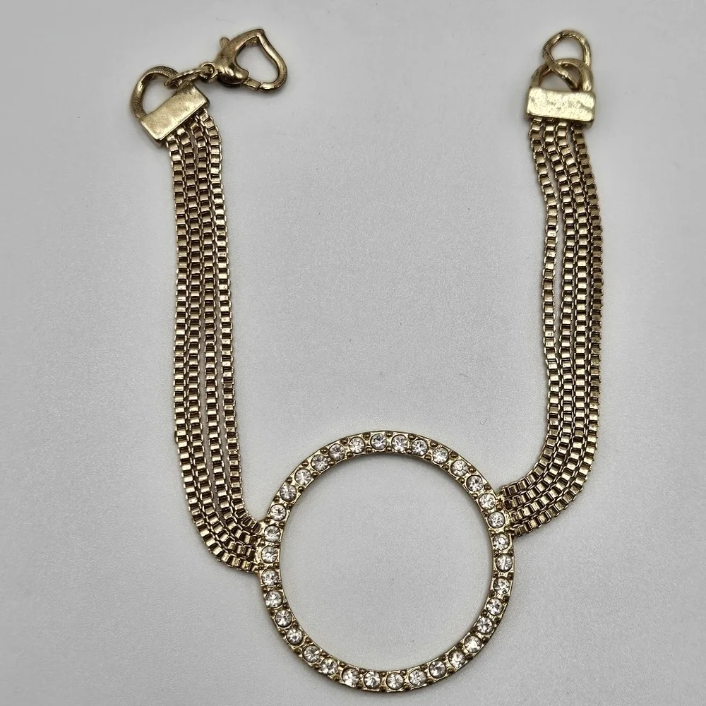 VINTAGE Rhinestone Circle Multi Strand Gold Tone Heart Clasp Bracelet